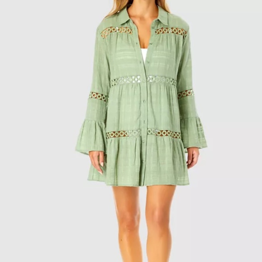 Ibiza Anne Cole Women's Button Up Bell Sleeve Crochet Trim Cover-Up Tunic XL